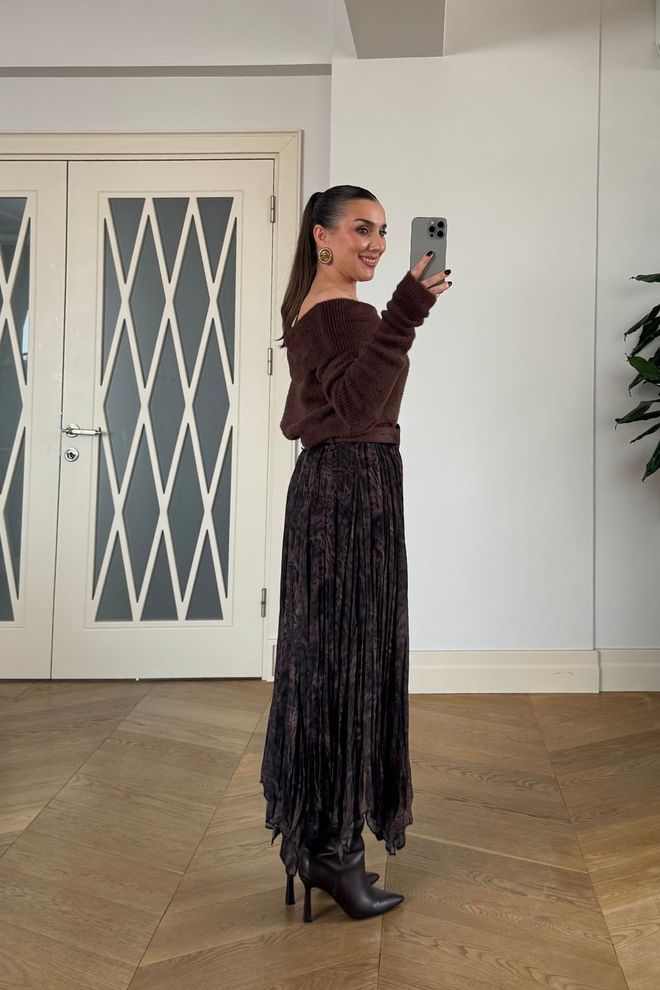 Tuba Brown Asymmetrical Midi Skirt Wholesale Clothing Cocktail