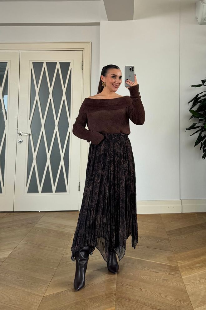 Tuba Brown Asymmetrical Midi Skirt Wholesale Clothing Boho