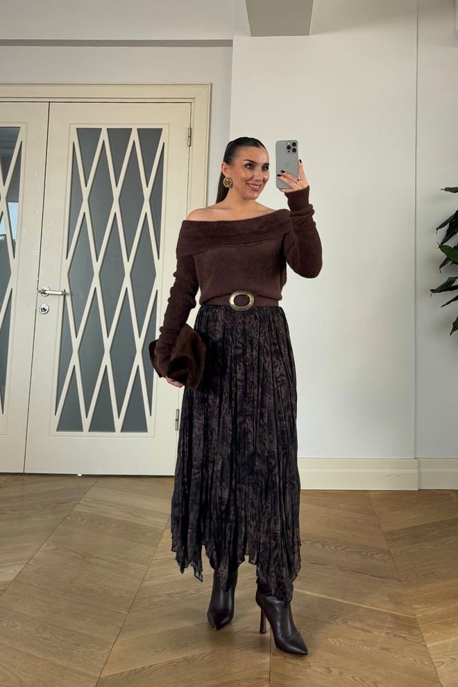 Tuba Brown Asymmetrical Midi Skirt Wholesale Clothing 1