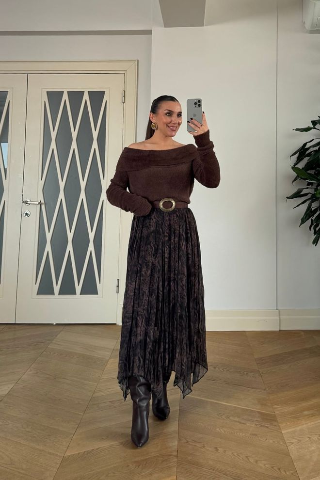 Tuba Brown Asymmetrical Midi Skirt Wholesale Clothing 5