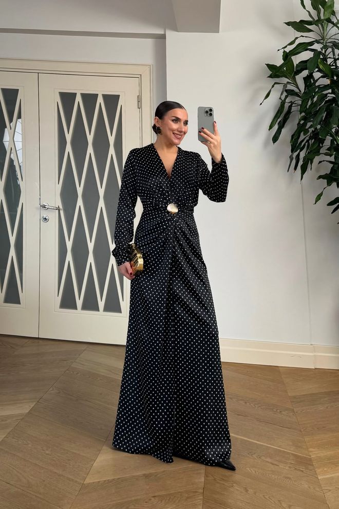 Tuba Schwarzes Elegantes Formelles Wickelkleid Mit Polka Dot Großhandelskleidung Formal