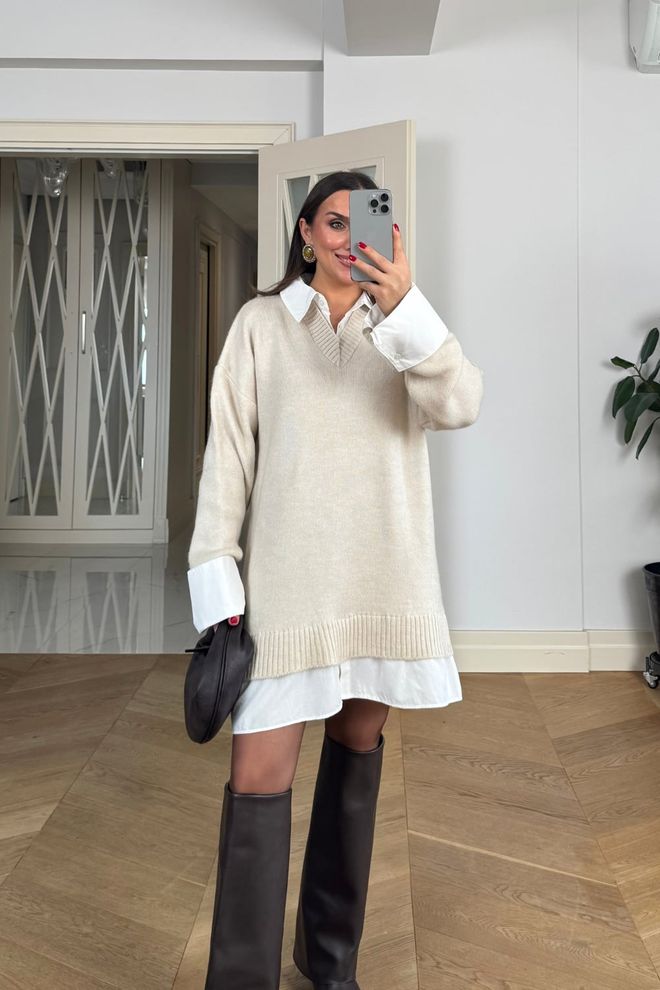 Tuba Beige Cardigan Oversized V Neck Long Sleeve Wholesale Clothing Spring