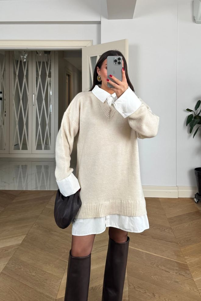 Tuba Beige Cardigan Oversized V Neck Long Sleeve Wholesale Clothing Casual