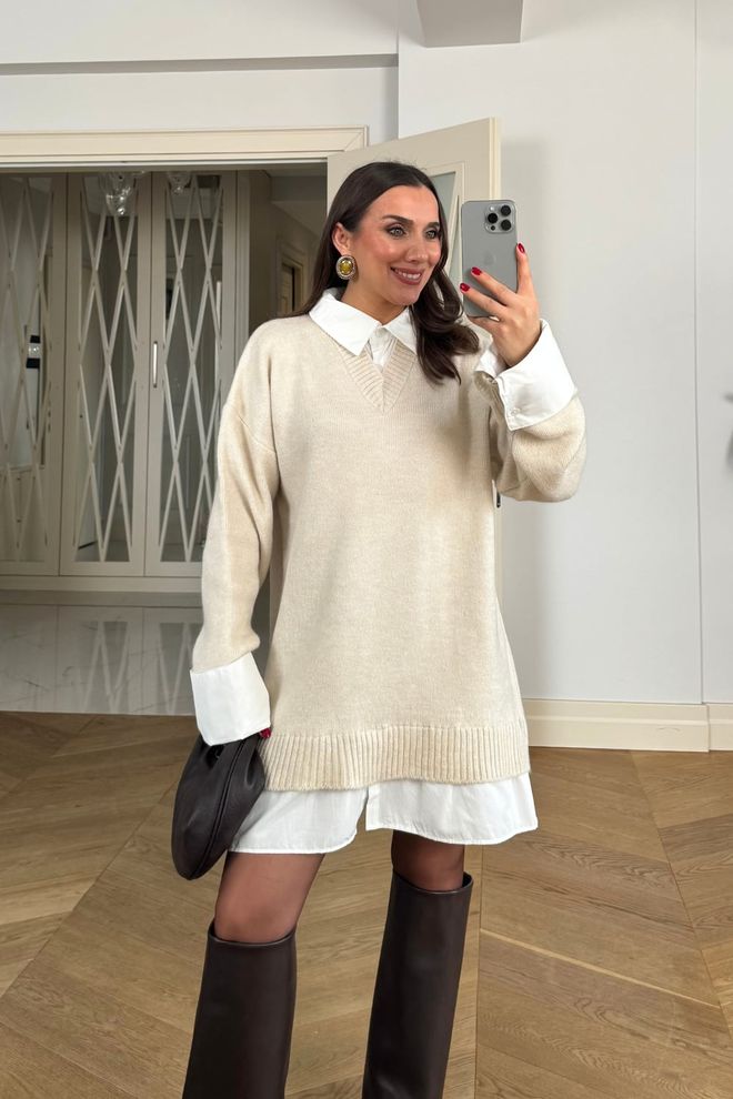 Tuba Beżowy Kardigan Oversize Z Dekoltem W Serek I Długim Rękawem Hurtowa sprzedaż odzieży Skromny