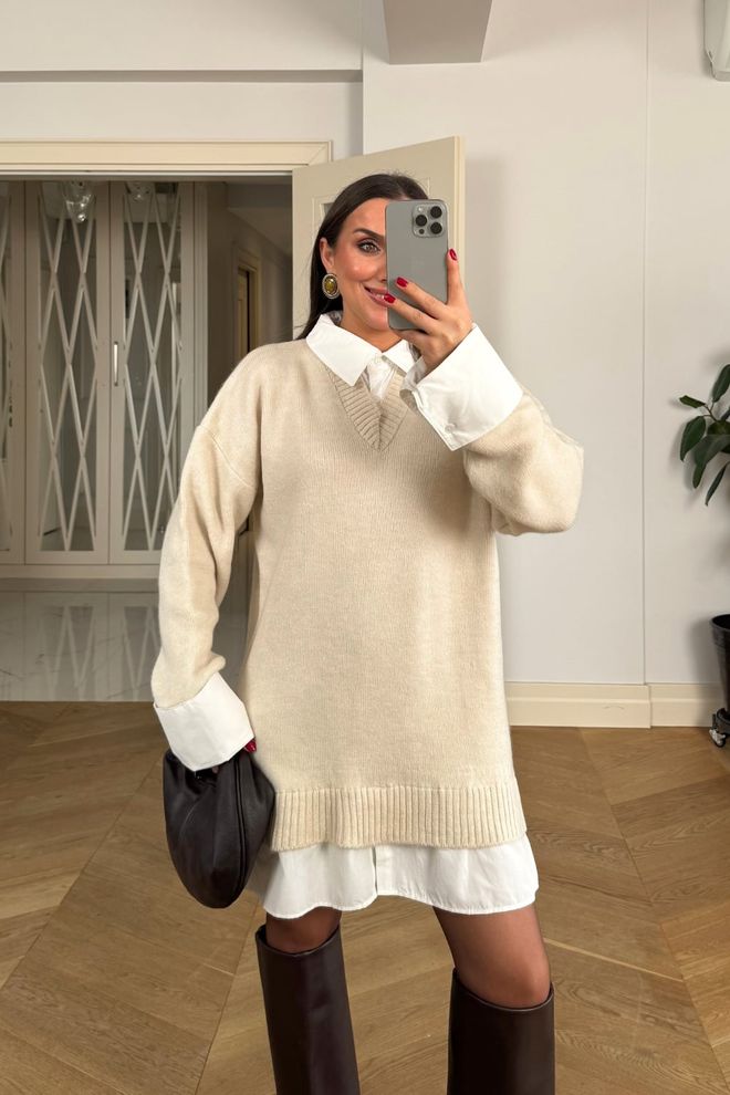 Tuba Beige Cardigan Oversized V Neck Long Sleeve Wholesale Clothing Lounge