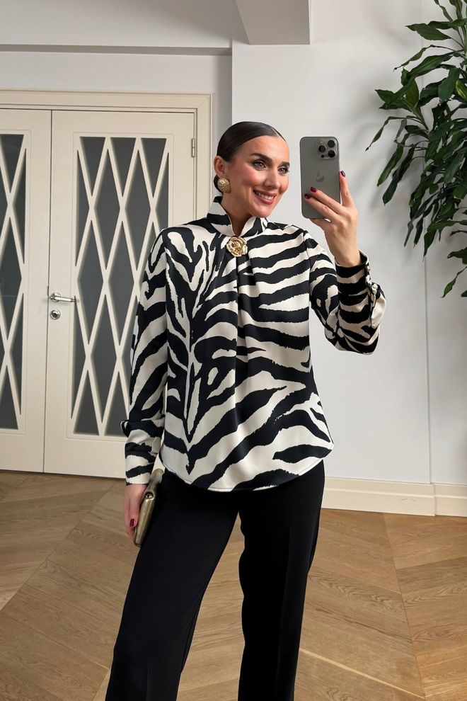 Tuba Chemise Élégante Noire À Imprimé Zèbre Boutonnée Vêtements en gros Décontracté