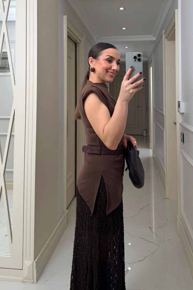 Tuba Brown Elegant Formal Shirt With Cap Sleeves Wholesale Clothing 5