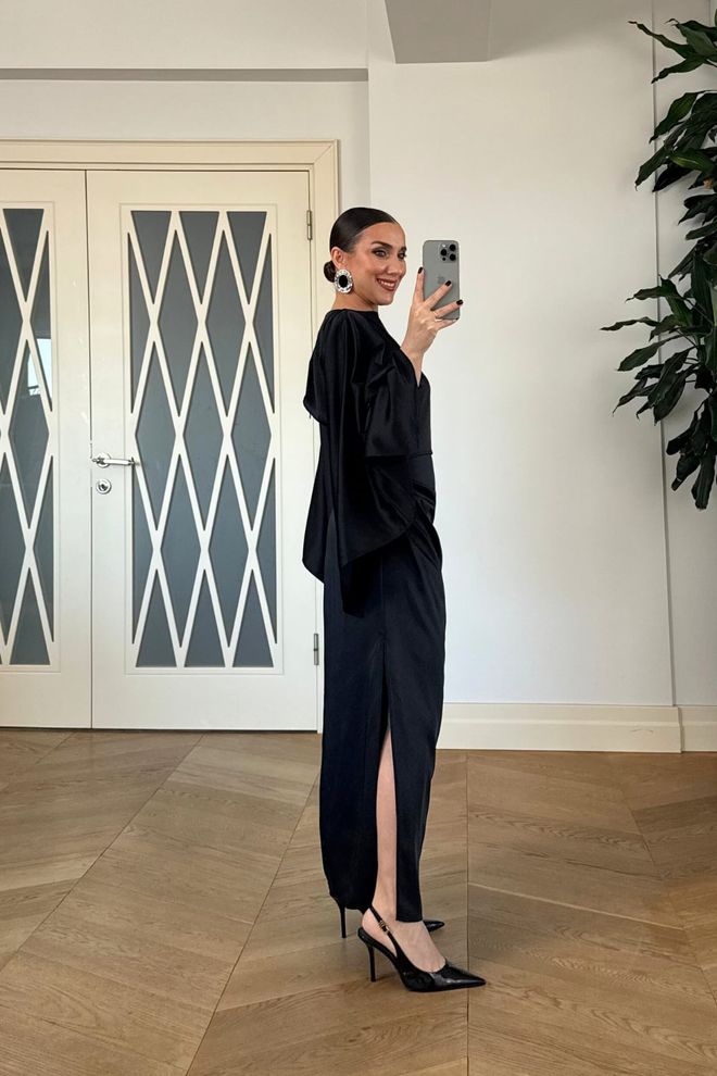 Tuba Rochie Neagră Elegantă Tip Teacă Cu Mâneci Lungi Pelerină Îmbrăcăminte cu ridicata Glam