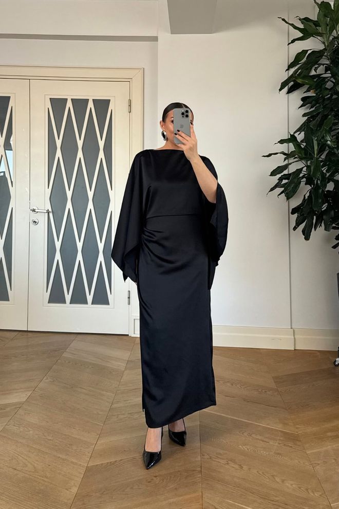 Tuba Rochie Neagră Elegantă Tip Teacă Cu Mâneci Lungi Pelerină Îmbrăcăminte cu ridicata 5