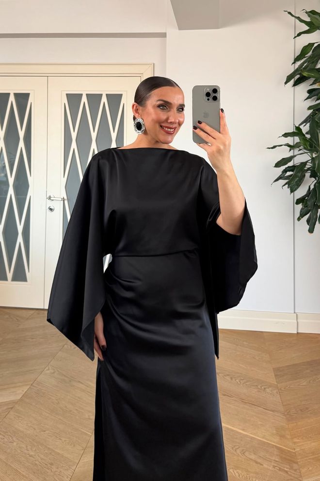 Tuba Rochie Neagră Elegantă Tip Teacă Cu Mâneci Lungi Pelerină Îmbrăcăminte cu ridicata 1