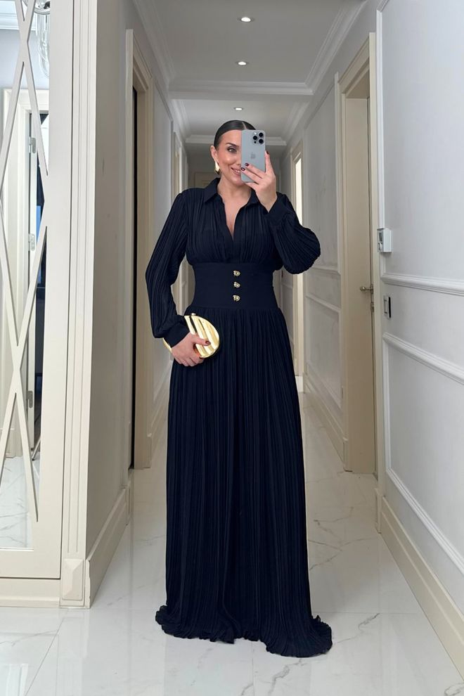 Tuba Vestito Camicia Nero Elegante Con Collo Dentellato Abbigliamento all'ingrosso Modesto