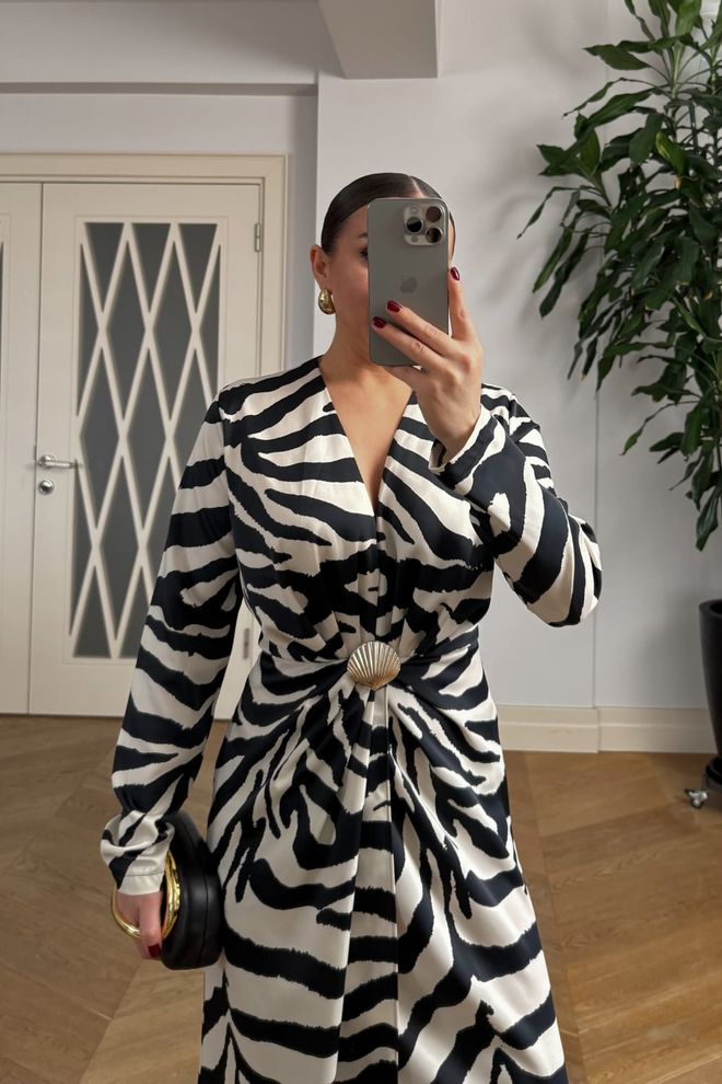 Tuba Black Elegant Wrap Dress With Animal Print Wholesale Clothing Glam