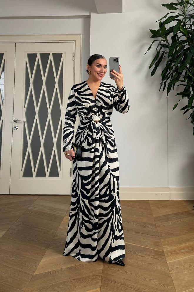 Tuba Black Elegant Wrap Dress With Animal Print Wholesale Clothing Cocktail