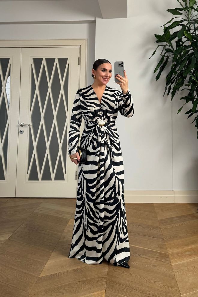 Tuba Black Elegant Wrap Dress With Animal Print Wholesale Clothing Wedding