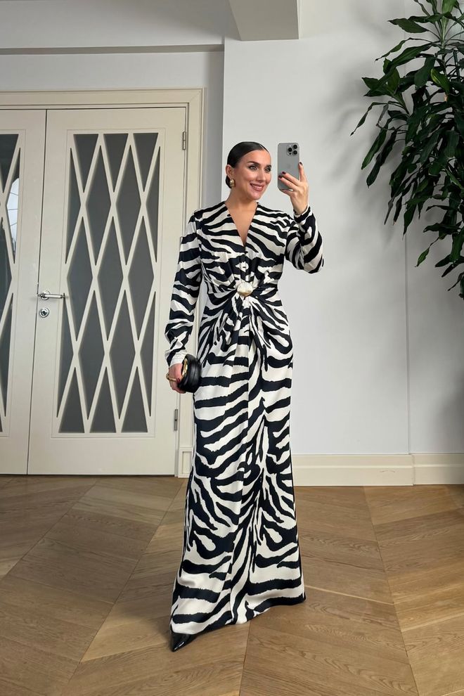 Tuba Black Elegant Wrap Dress With Animal Print Wholesale Clothing 1