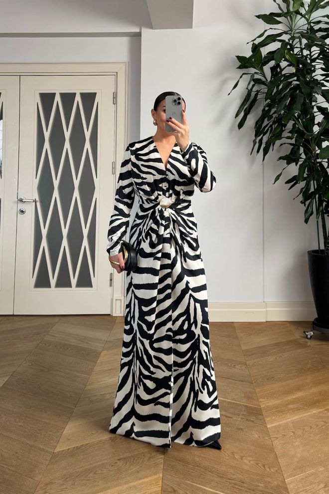 Tuba Black Elegant Wrap Dress With Animal Print Wholesale Clothing 5