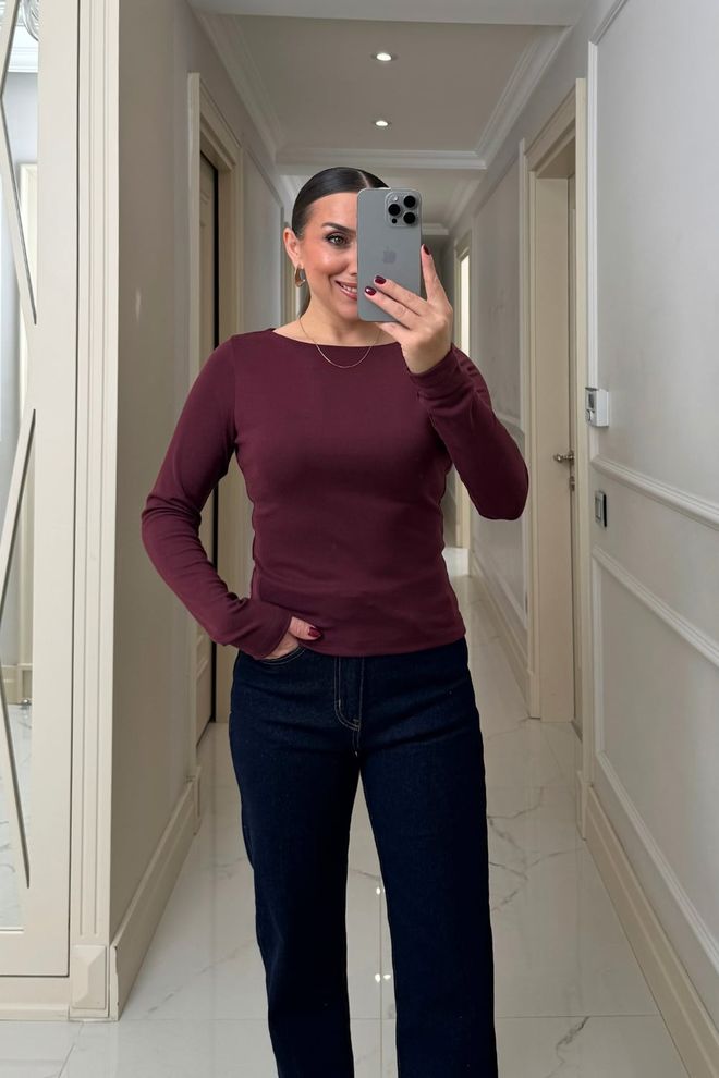 Tuba Casaco De Malha Vermelho Clarete Slim Fit Decote Barco Roupas por atacado A relaxar