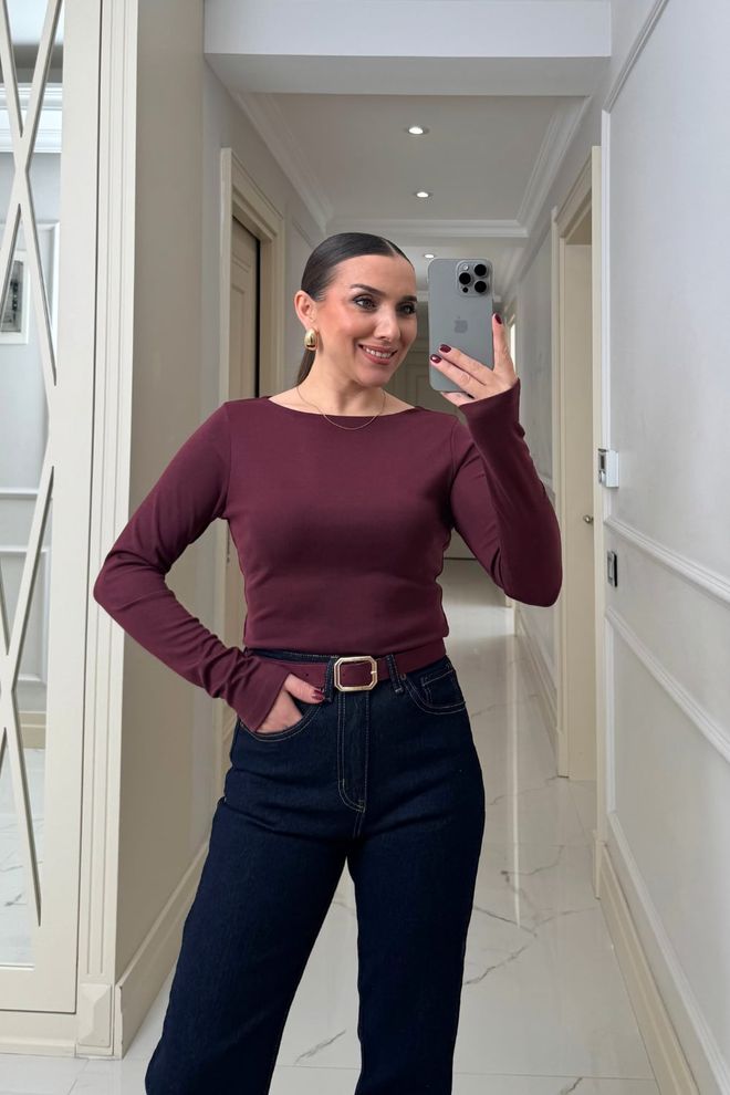 Tuba Casaco De Malha Vermelho Clarete Slim Fit Decote Barco Roupas por atacado 8