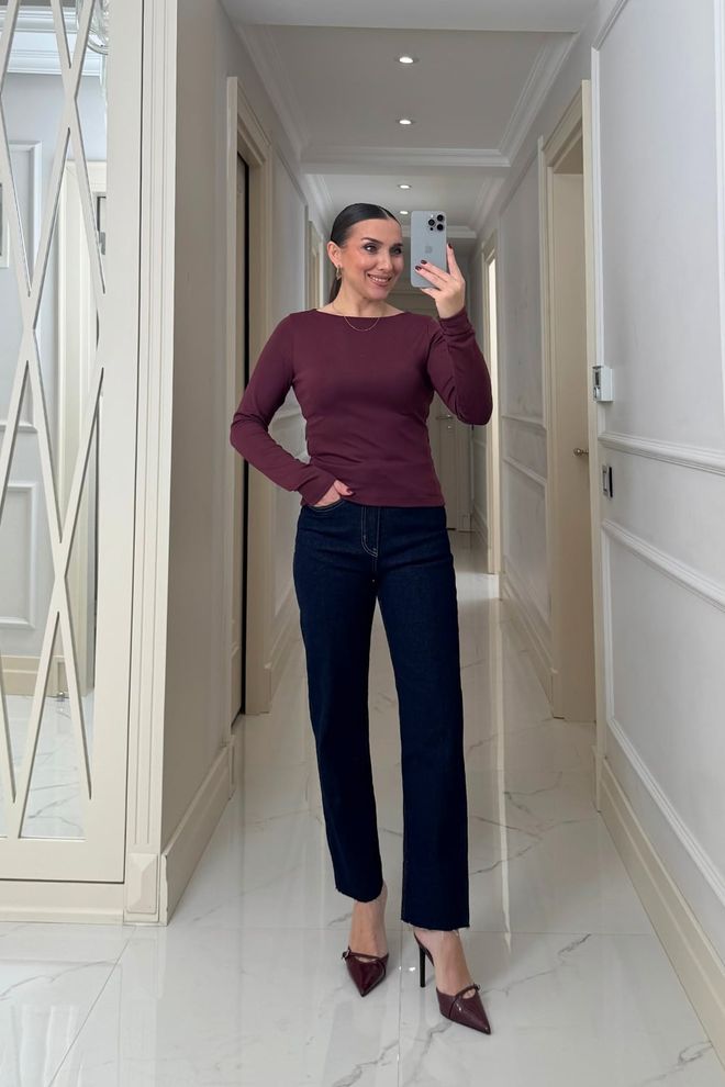 Tuba Casaco De Malha Vermelho Clarete Slim Fit Decote Barco Roupas por atacado Outono