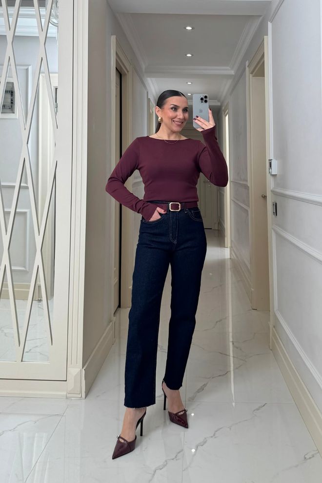 Tuba Casaco De Malha Vermelho Clarete Slim Fit Decote Barco Roupas por atacado Elegante