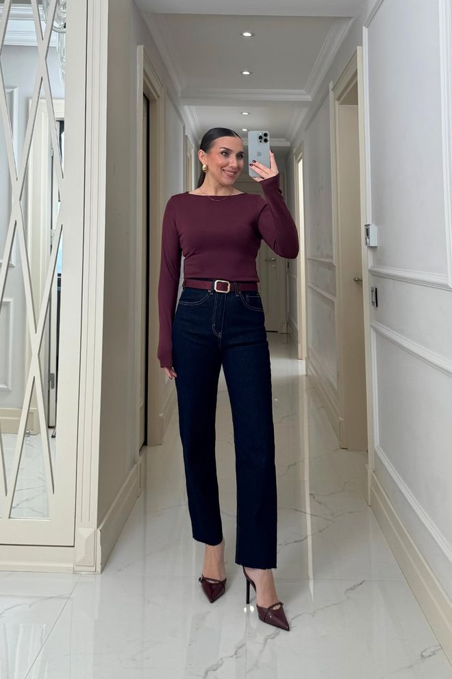 Tuba Casaco De Malha Vermelho Clarete Slim Fit Decote Barco Roupas por atacado 5