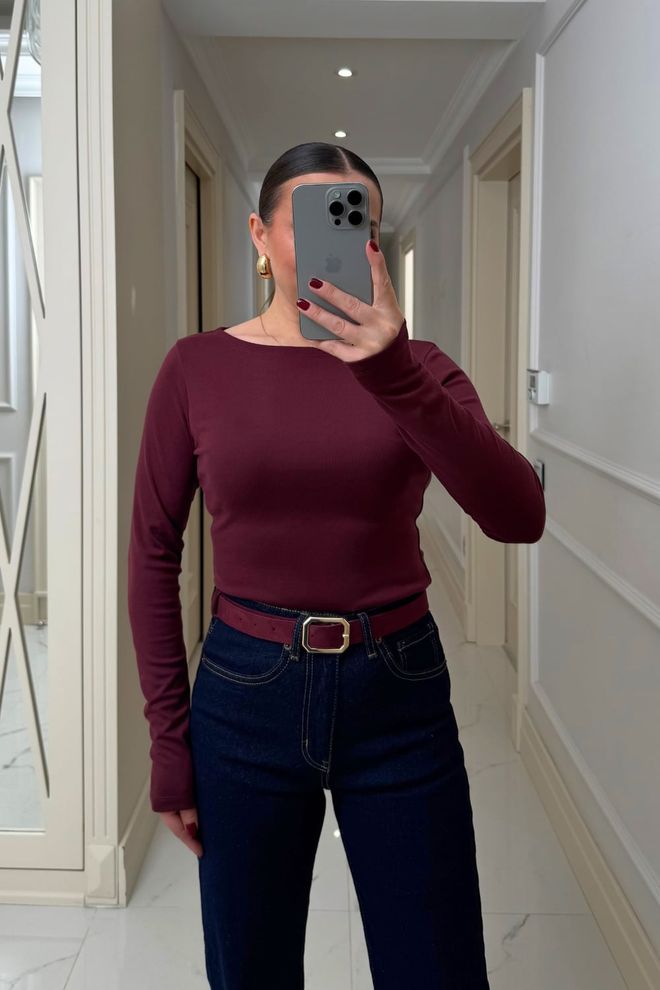 Tuba Casaco De Malha Vermelho Clarete Slim Fit Decote Barco Roupas por atacado 1