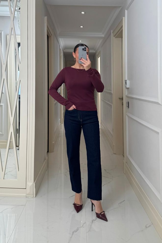 Tuba Casaco De Malha Vermelho Clarete Slim Fit Decote Barco Roupas por atacado Trabalho