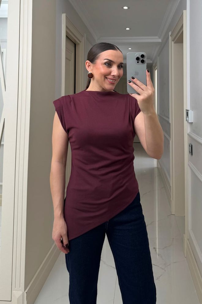 Tuba Chemise Élégante Formelle Décontractée Rouge Bordeaux Avec Encolure Ronde Et Mancherons Vêtements en gros Décontracté