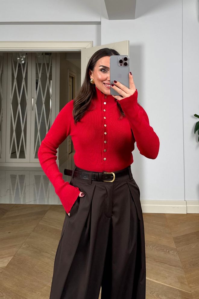 Tuba Red Cardigan Slim Fit Polo Neck Long Sleeve Wholesale Clothing Spring