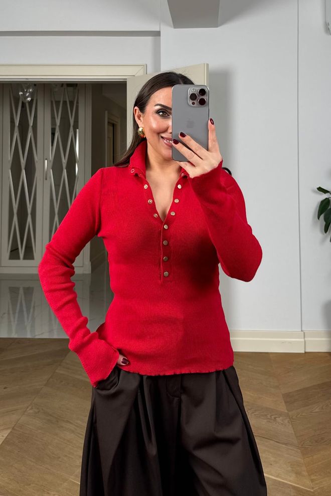 Tuba Red Cardigan Slim Fit Polo Neck Long Sleeve Wholesale Clothing Work