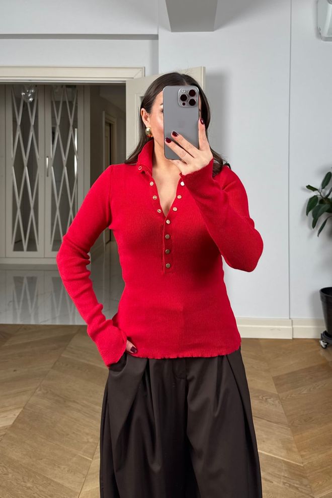 Tuba Red Cardigan Slim Fit Polo Neck Long Sleeve Wholesale Clothing 5