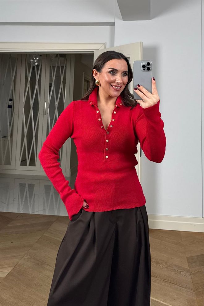 Tuba Red Cardigan Slim Fit Polo Neck Long Sleeve Wholesale Clothing Fall