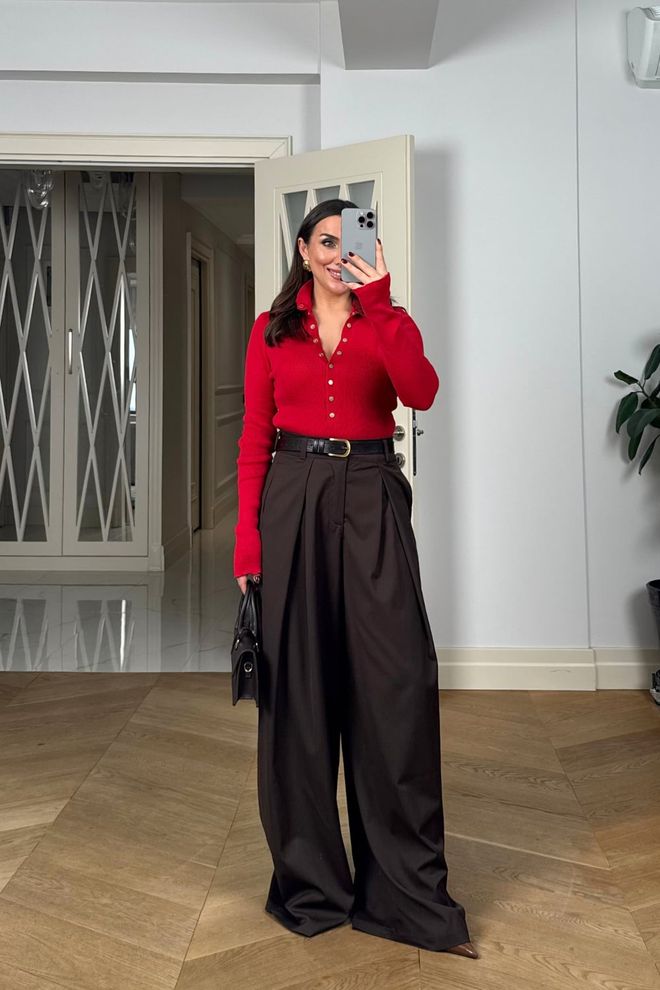 Tuba Red Cardigan Slim Fit Polo Neck Long Sleeve Wholesale Clothing Elegant