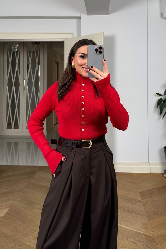 Tuba Red Cardigan Slim Fit Polo Neck Long Sleeve Wholesale Clothing Christmas