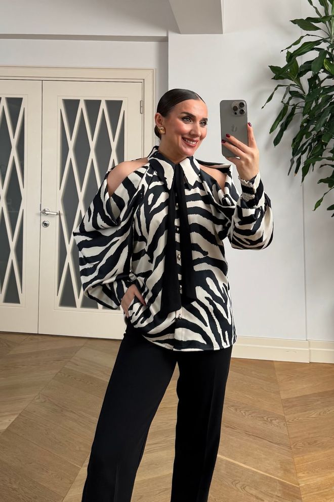 Tuba Black Zebra Print Elegant Buttoned Shirt Wholesale Clothing Casual