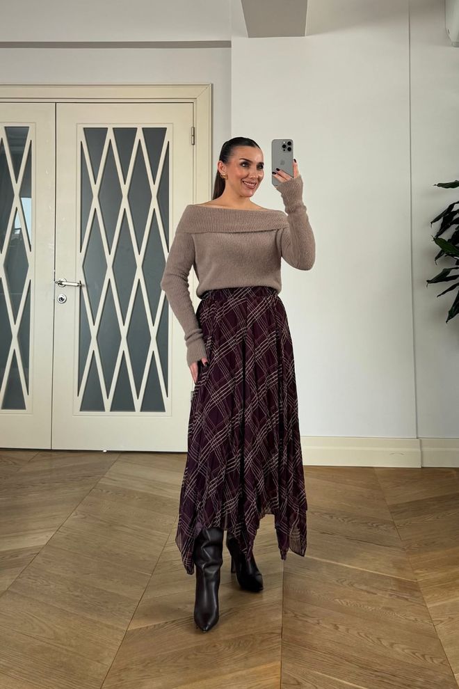 Tuba Claret Red Asymmetrical Midi Skirt Wholesale Clothing Casual