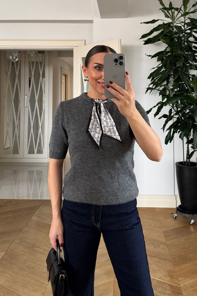 Tuba Grey Elegant Cardigan With High Neck & Half Sleeves Wholesale Clothing Modest