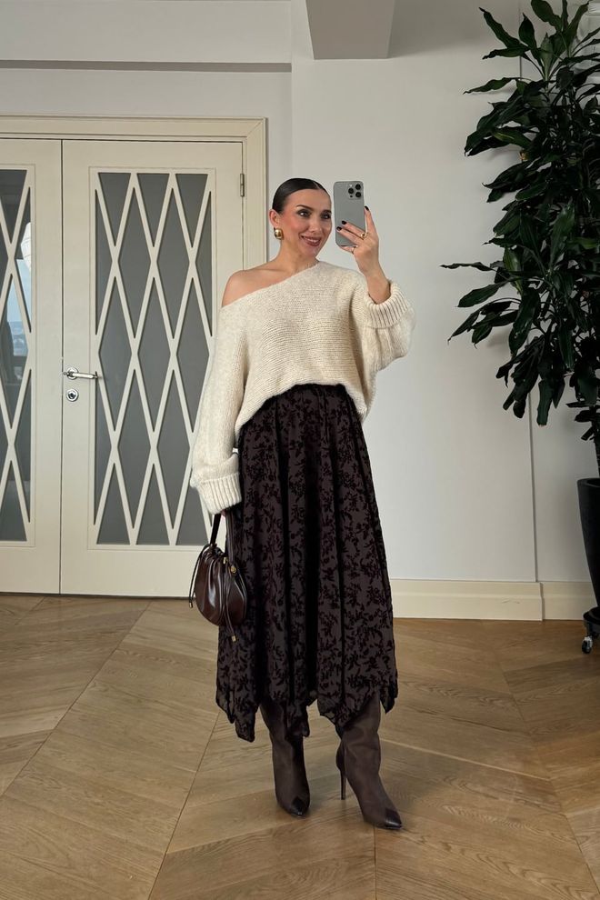 Tuba Schwarz Boho Eleganter Asymmetrischer Midi Rock Großhandelskleidung Lässig