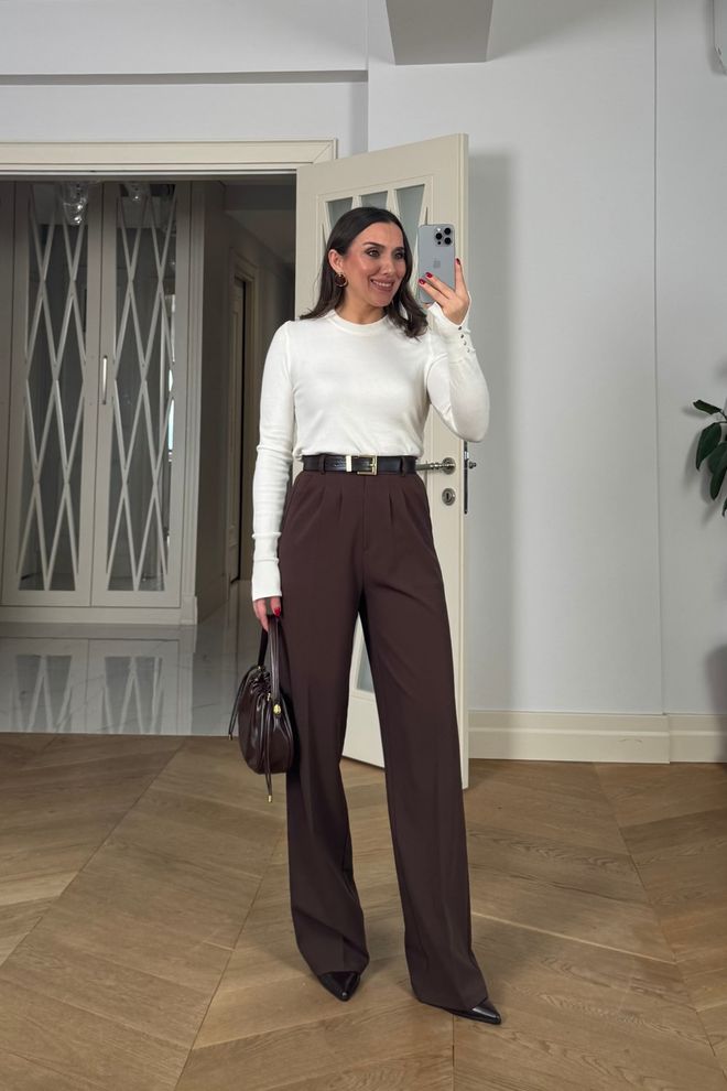 Tuba Brown Elegant Buttoned Tapered Pants Wholesale Clothing Work