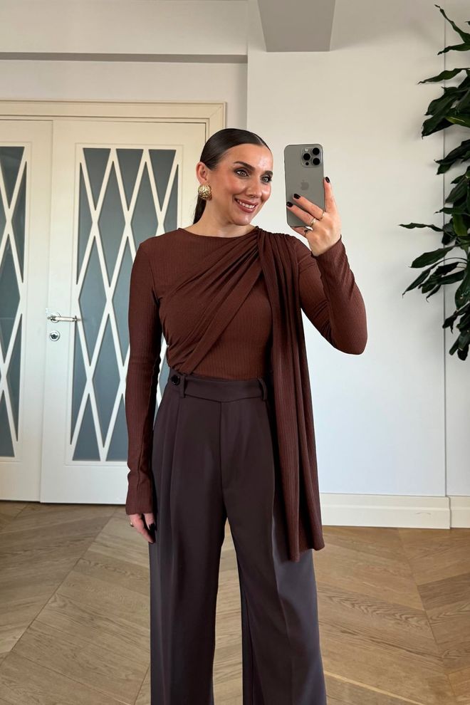 Tuba Brown Elegant Formal Slim Fit Shirt Wholesale Clothing Modest