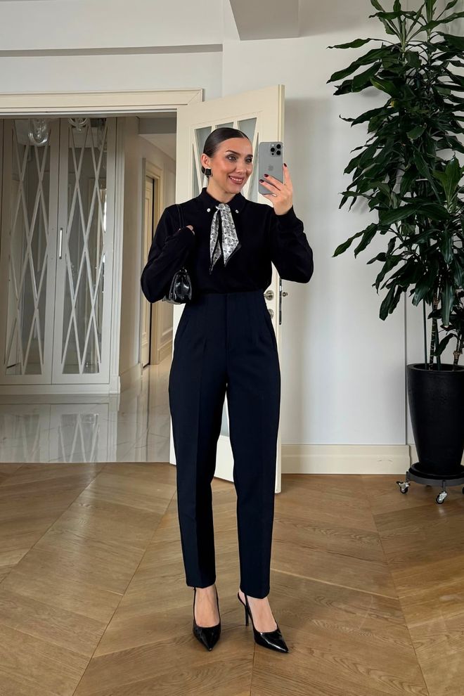 Tuba Pantalón Negro Elegante De Cintura Alta Cónico Ropa al por mayor Antiguo