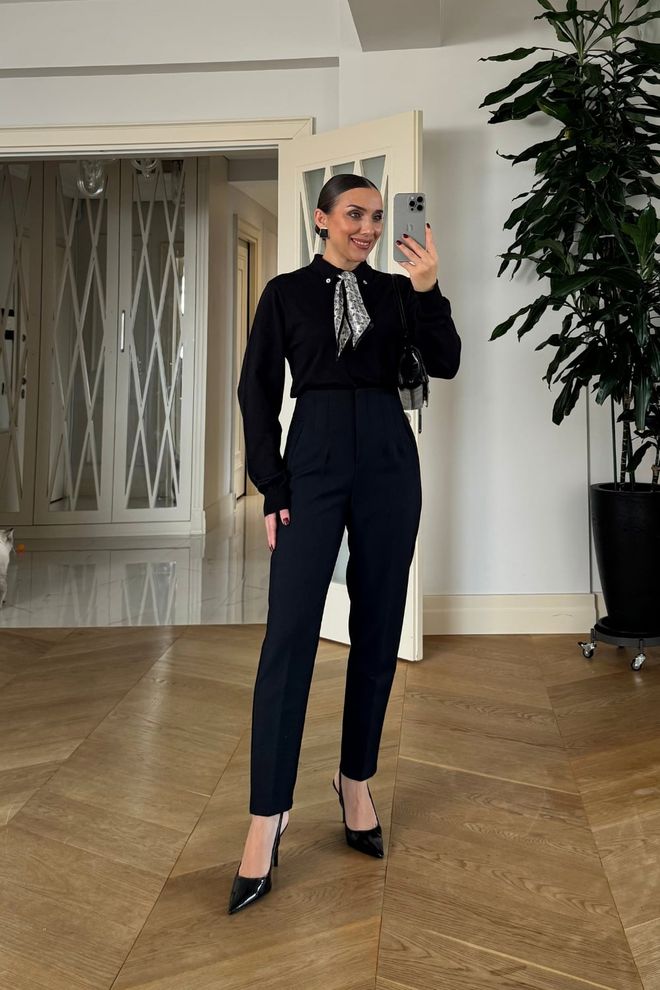 Tuba Black Elegant High Waist Tapered Pants Wholesale Clothing 5