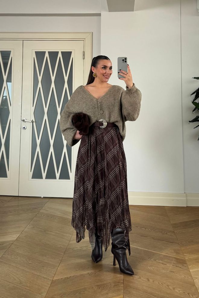 Tuba Καφέ Ασύμμετρη Καρό Μάξι Φούστα Με Ψηλή Μέση Χονδρικό εμπόριο ενδυμάτων Casual