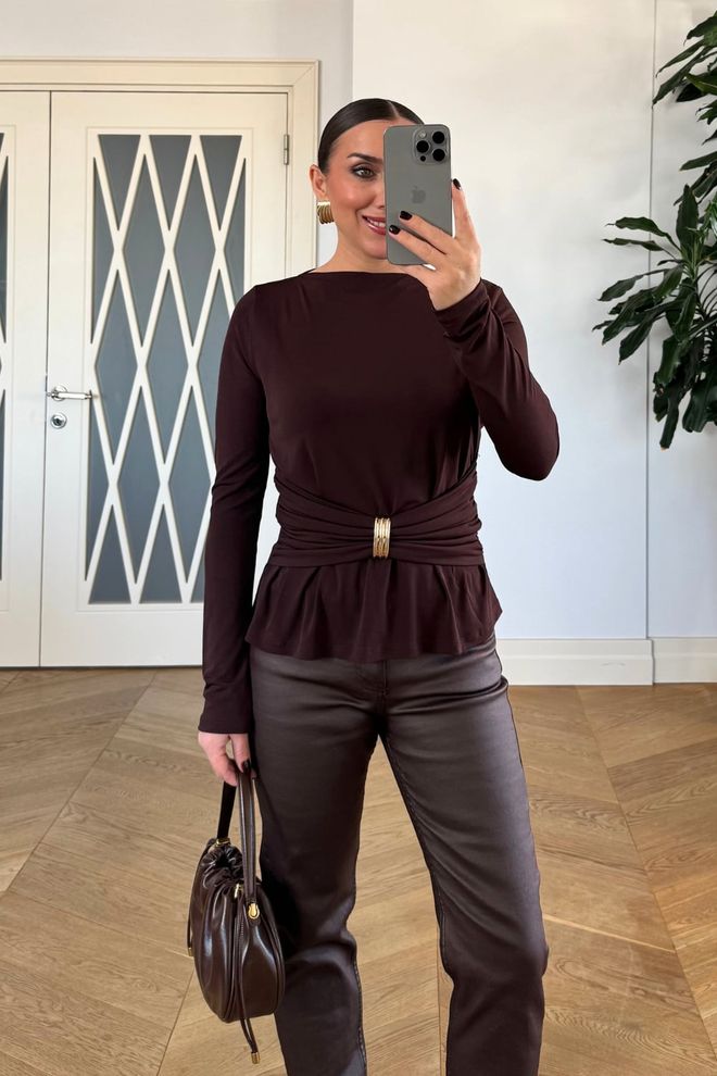 Tuba Chemise Brun Élégante Col Bateau Fermeture À Tirette Vêtements en gros Décontracté