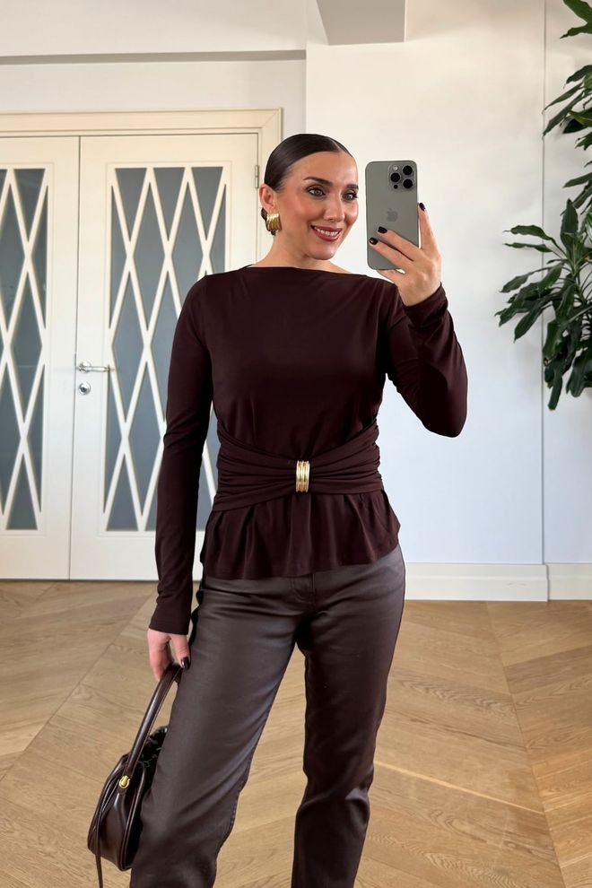 Tuba Brown Elegant Pull On Boat Neck Shirt Wholesale Clothing 1