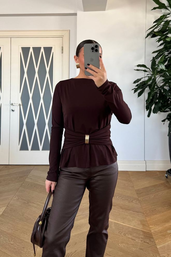 Tuba Brown Elegant Pull On Boat Neck Shirt Wholesale Clothing Fall