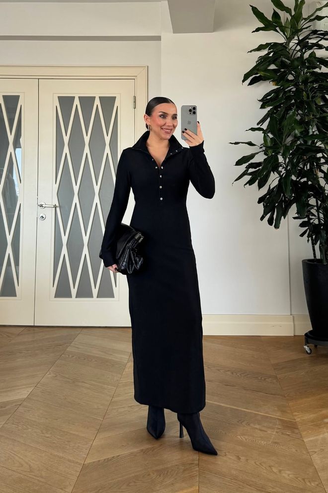 Tuba Black Elegant Bodycon Dress With Polo Neck Wholesale Clothing 1