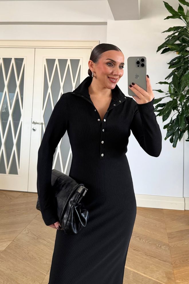 Tuba Black Elegant Bodycon Dress With Polo Neck Wholesale Clothing Elegant