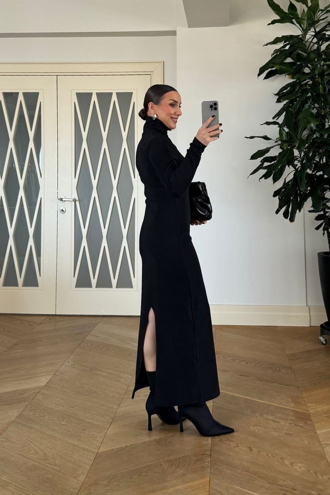 Tuba Black Elegant Bodycon Dress With Polo Neck Wholesale Clothing Cocktail