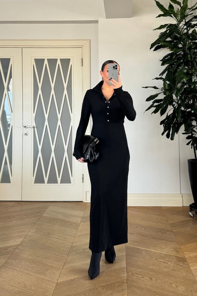 Tuba Black Elegant Bodycon Dress With Polo Neck Wholesale Clothing Fall